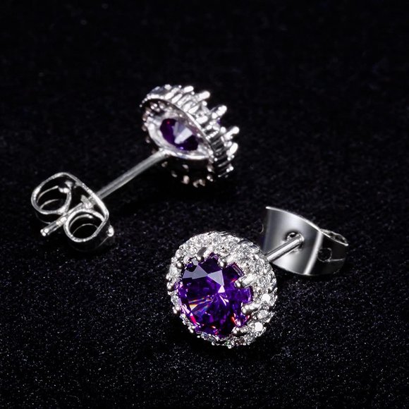 New  AmethystFebruary Birthstone Stud Earrings Set, Copper Plated Cubic … - Picture 3 of 16